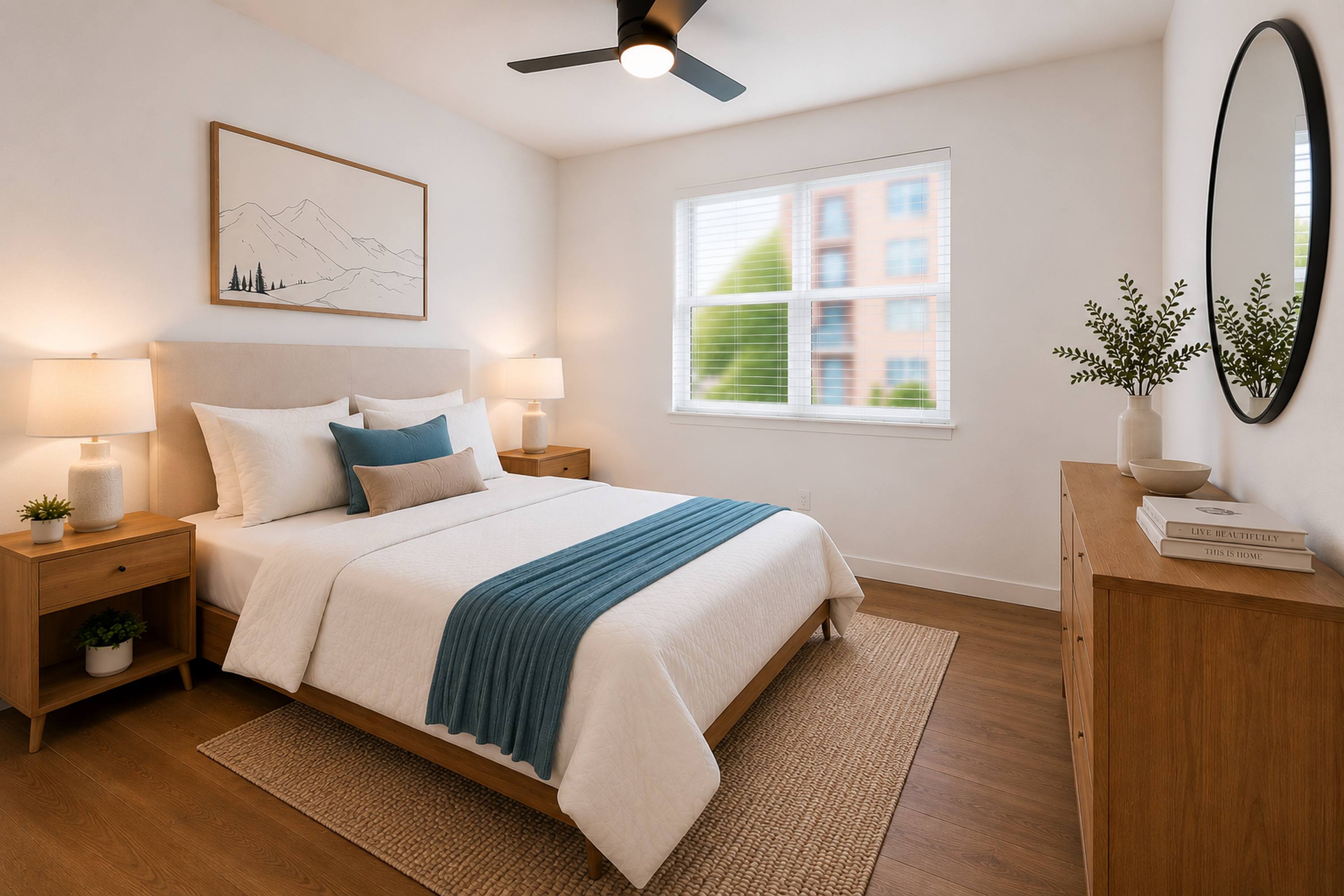 A bedroom with a bed, nightstands, and a ceiling fan.